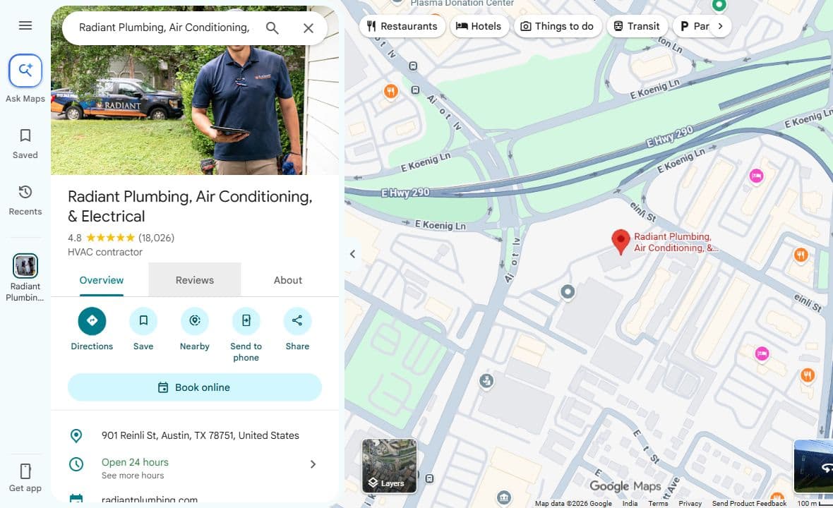 Actual Google Maps public business profile showing category, address and opening hours
