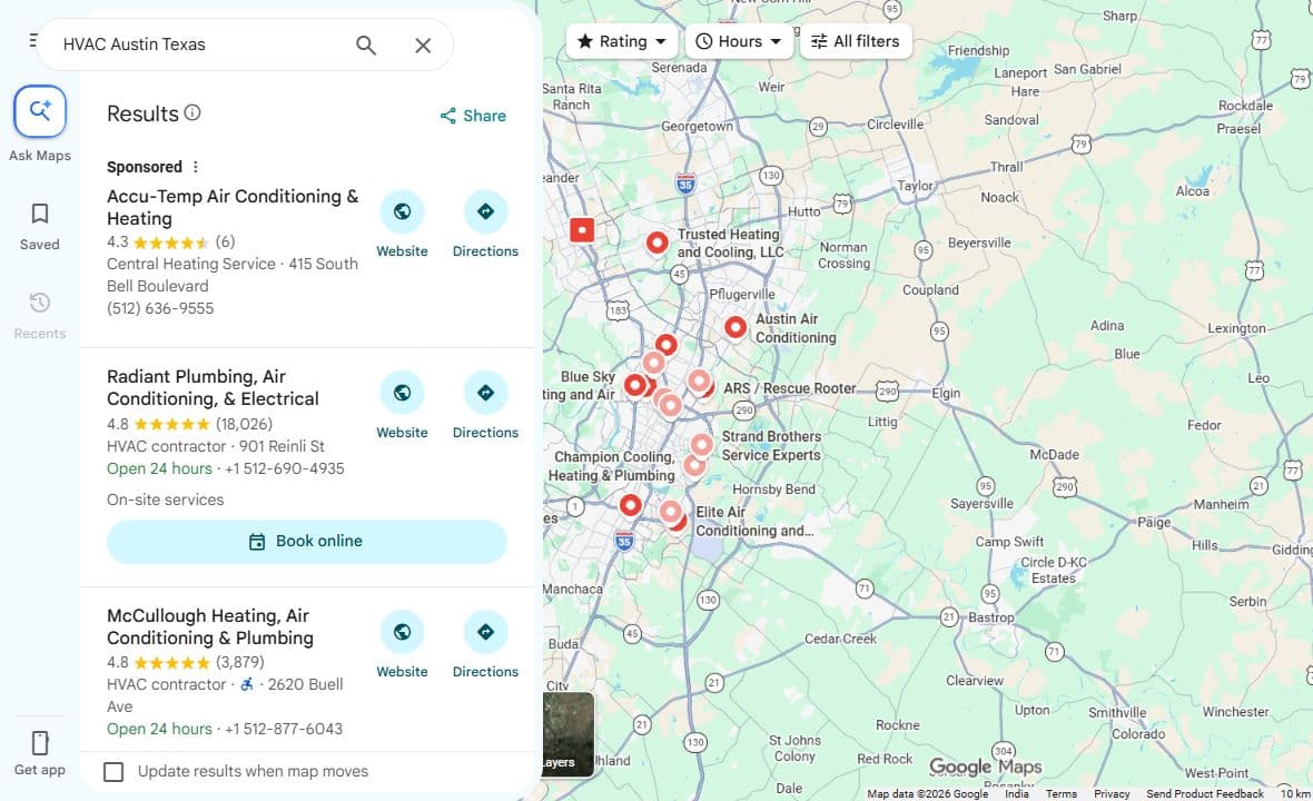 Actual HVAC Austin search showing sponsored results, other businesses and their locations